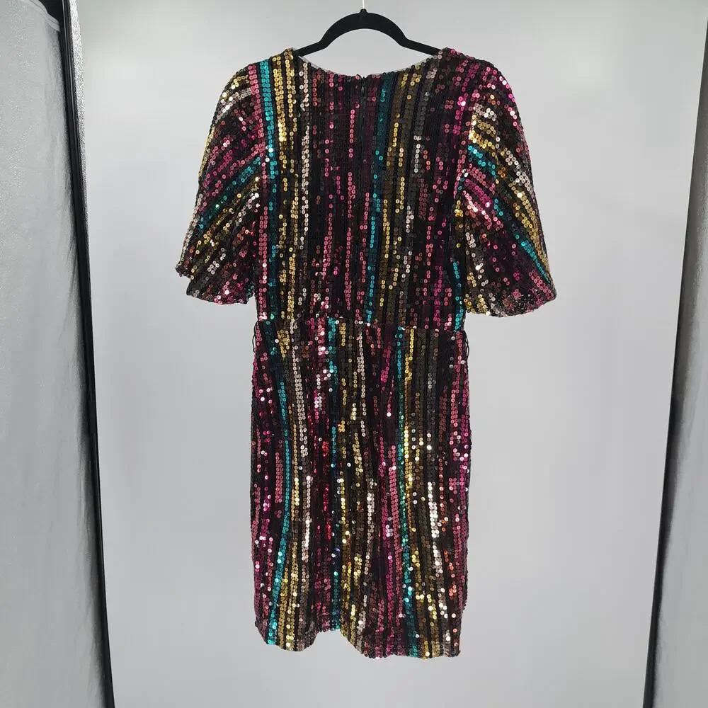 NWT New York & Company Dress S Full Sequin Surplice Flutter Sleeve Party Rainbow